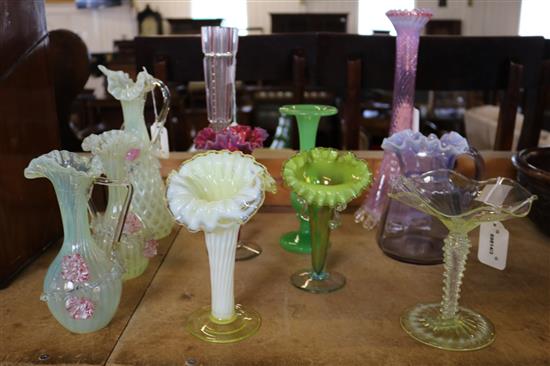 Tall tapered pink glass vase, ribbed bottle vase, various frilled coloured glass items, candlestick, Murano comport etc (11)